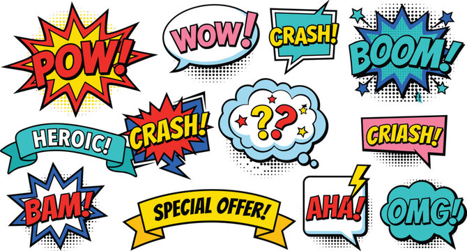 Comic book sound effects speech bubbles set with pow wow crash boom aha and omg text vector illustration