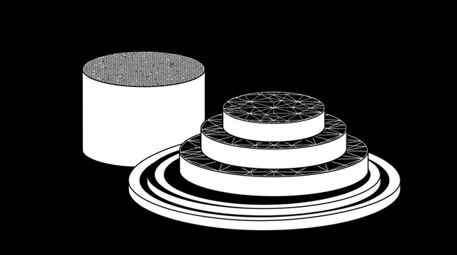 Composici&oacute;n abstracta de formas geom&eacute;tricas cil&iacute;ndricas apiladas con patrones de l&iacute;neas intrincadas sobre un fondo negro s&oacute;lido, estilo minimalista y dise&ntilde;o gr&aacute;fico moderno.