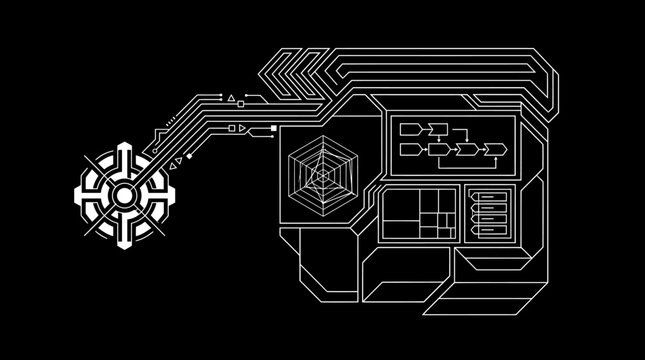 Ilustraci&oacute;n vectorial de estilo t&eacute;cnico con l&iacute;neas blancas sobre fondo negro que representa un esquema de circuito electr&oacute;nico abstracto con nodos de conexi&oacute;n y diagramas de flujo de datos