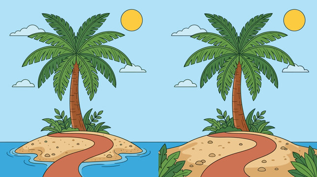 Ilustraci&oacute;n vectorial de una isla tropical con palmeras, arena y un camino serpenteante, comparando un entorno de playa oce&aacute;nica con un paisaje terrestre soleado en estilo de dibujo animado.