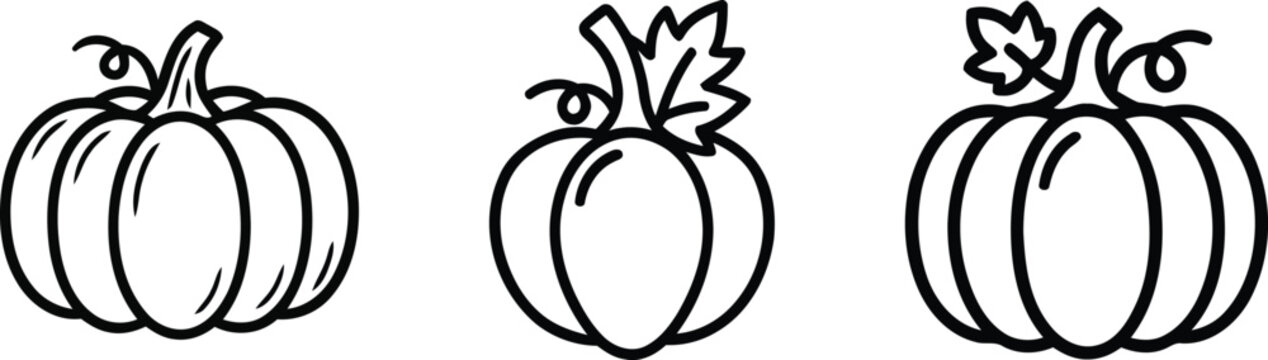 Black line art illustrations of three pumpkins for fall and halloween designs