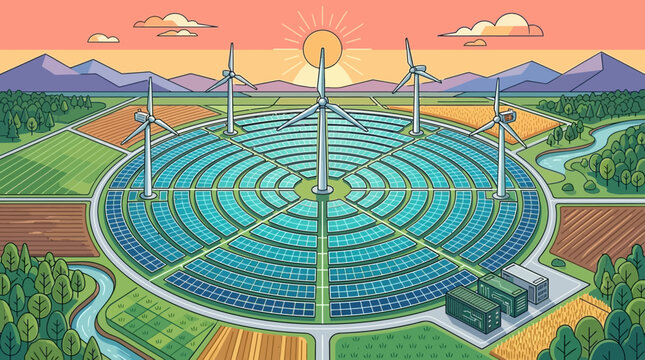 Ilustraci&oacute;n vectorial de una planta de energ&iacute;a renovable con paneles solares circulares y turbinas e&oacute;licas en un paisaje rural al atardecer, representando la sostenibilidad y la energ&iacute;a limpia.