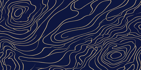 Gold topographic map contour lines on dark navy blue with topographic abstract background navigation geography cartography elevation minimalist landscape technical scientific coordinate © MOHAMAD