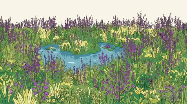 Ilustraci&oacute;n art&iacute;stica de un estanque sereno rodeado de un exuberante prado con flores silvestres moradas y vegetaci&oacute;n verde vibrante en un estilo de dibujo bot&aacute;nico detallado