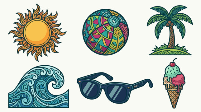 Conjunto de iconos de verano con estilo ilustrado que incluye un sol brillante, una pelota de playa colorida, una palmera tropical, una ola del mar, gafas de sol y un helado delicioso.