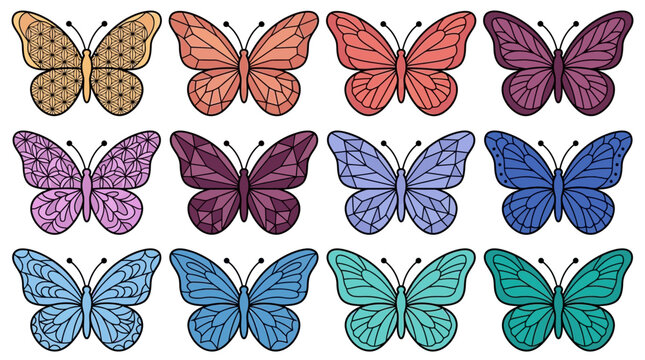 Conjunto de doce mariposas decorativas con patrones &uacute;nicos y colores vibrantes aisladas sobre un fondo blanco para dise&ntilde;o gr&aacute;fico creativo y proyectos de arte