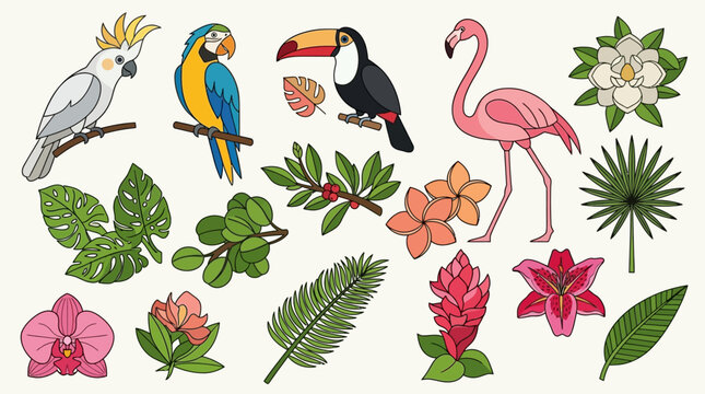 Conjunto de ilustraciones vectoriales de aves tropicales ex&oacute;ticas y plantas de la selva con flamencos, tucanes, loros, flores coloridas y hojas de palmera sobre un fondo claro