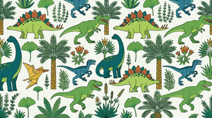 Patrón sin costuras con dinosaurios coloridos y plantas tropicales en un estilo de ilustración infantil, ideal para papel tapiz, textiles, decoración de guarderías y proyectos de diseño creativo. © Hmen