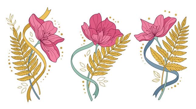 Conjunto de ilustraciones vectoriales de flores rosas con hojas de helecho doradas y cintas decorativas sobre un fondo blanco limpio para dise&ntilde;os florales elegantes y art&iacute;sticos