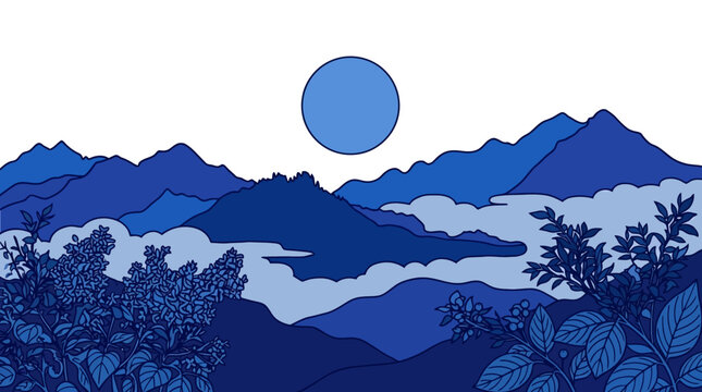 Ilustraci&oacute;n vectorial de un paisaje monta&ntilde;oso sereno con una luna llena brillante sobre picos cubiertos de niebla y vegetaci&oacute;n detallada en primer plano en tonos azules