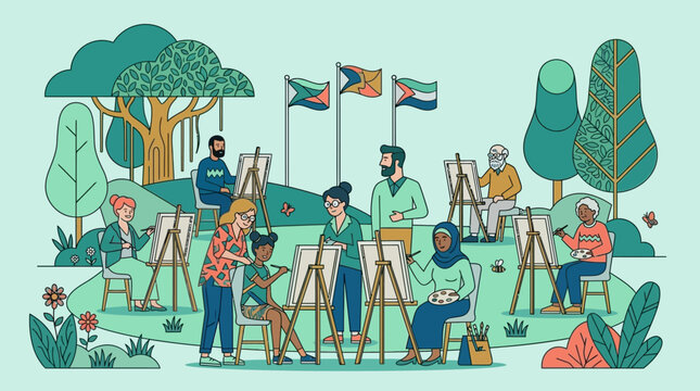 Ilustraci&oacute;n vectorial de una clase de pintura al aire libre con un grupo diverso de personas pintando en caballetes en un parque rodeado de &aacute;rboles y banderas en el fondo.