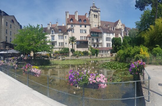 Vue sur Dole avec sa basilique Notre Dame , depuis le canal  .Jura , FRANCE