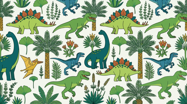 Patr&oacute;n sin costuras con dinosaurios coloridos y plantas tropicales en un estilo de ilustraci&oacute;n infantil, ideal para papel tapiz, textiles, decoraci&oacute;n de guarder&iacute;as y proyectos de dise&ntilde;o creativo.