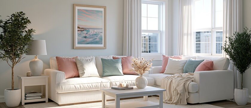Living room features a cozy sofa with colorful pastel cushions situated next to a side table and lamp while potted trees frame the bright window area in a beautifully decorated family home.