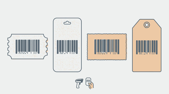 Conjunto de etiquetas de precios y boletos con c&oacute;digos de barras escaneables, incluyendo dise&ntilde;os rectangulares y troquelados sobre un fondo gris claro para uso comercial y minorista.