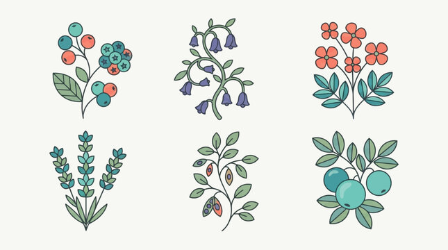 Conjunto de iconos vectoriales planos de plantas silvestres, flores y bayas coloridas con un estilo de dise&ntilde;o lineal minimalista sobre un fondo claro para proyectos decorativos.