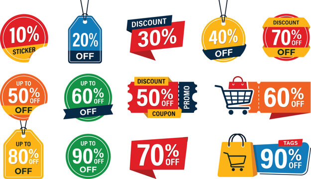 Sale discount label tag set featuring ten to ninety percent off badges coupons shopping cart bag vector collection