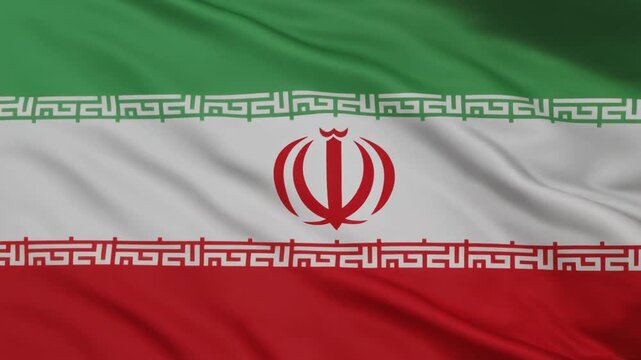 Iran flag with green, white, red stripes, central Allah emblem, Kufic script borders repeating.