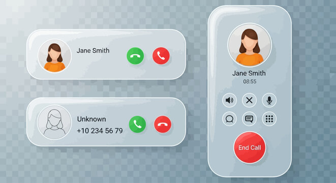 A mobile phone displays a video call interface with two chat bubbles and a dialer on a gray background with communication and technology elements.
