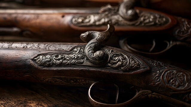 Ornate Leather Gunstock with Intricate Metalwork in Warm Light