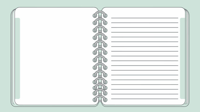 Ilustraci&oacute;n vectorial de un cuaderno abierto con espiral, mostrando una p&aacute;gina en blanco y otra con l&iacute;neas sobre un fondo verde claro, ideal para notas y dise&ntilde;o.