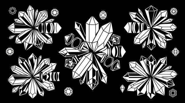 Patr&oacute;n decorativo de cristales y diamantes facetados en blanco y negro, creando un dise&ntilde;o abstracto y brillante sobre un fondo oscuro.