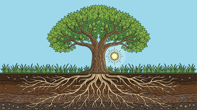 Ilustraci&oacute;n vectorial de un &aacute;rbol frondoso con ra&iacute;ces visibles bajo tierra, mostrando la estructura del suelo y el follaje verde bajo un cielo azul brillante con un sol radiante.