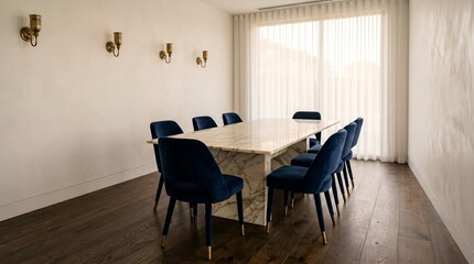 Fototapeta premium A modern dining room with a rectangular table and eight blue chairs placed on dark wooden floor beside a large window.