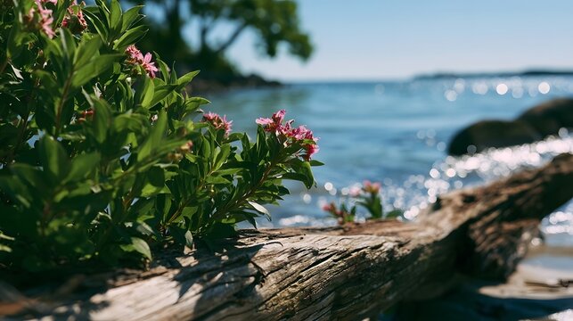A sparkling and soothing seashore scene features driftwood adorned with lush greenery and vibrant blooms creating a truly tranquil atmosphere