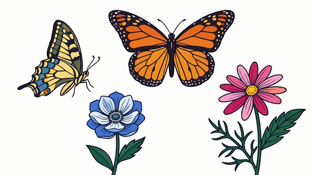Ilustraci&oacute;n de mariposas monarca y swallowtail con flores coloridas sobre fondo blanco.