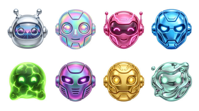 Set of futuristic robot heads and metallic alien characters isolated on transparent background