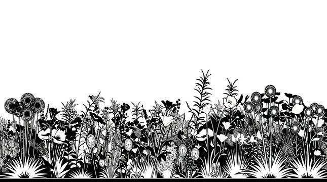 Ilustraci&oacute;n de borde de flores silvestres y vegetaci&oacute;n en blanco y negro, dise&ntilde;o bot&aacute;nico.