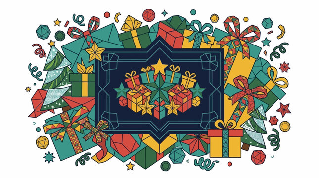 Ilustraci&oacute;n festiva de regalos de Navidad, &aacute;rboles, adornos y confeti en colores vibrantes.