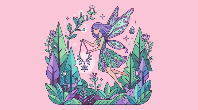 Hada m&aacute;gica de cabello morado y vestido verde, flotando en un bosque encantado con un collar, en una ilustraci&oacute;n vectorial de ensue&ntilde;o.