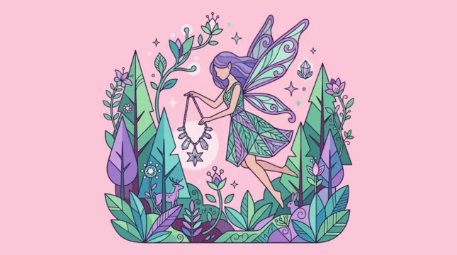 Hada mágica de cabello morado y vestido verde, flotando en un bosque encantado con un collar, en una ilustración vectorial de ensueño.