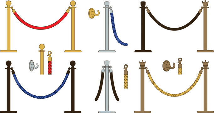 Stanchion barrier queue control vector set. Crowd control poles, velvet ropes, vip red carpet barrier, gold stanchions, wall hooks and security rope isolation.