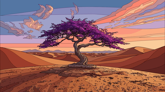 &Aacute;rbol solitario con follaje morado vibrante en un paisaje des&eacute;rtico al atardecer.