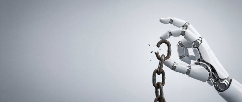 obotic white hand breaking a rusty metal chain links