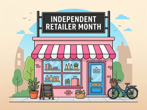 Charming small local shop celebrating independent retailer month with colorful storefront and open sign