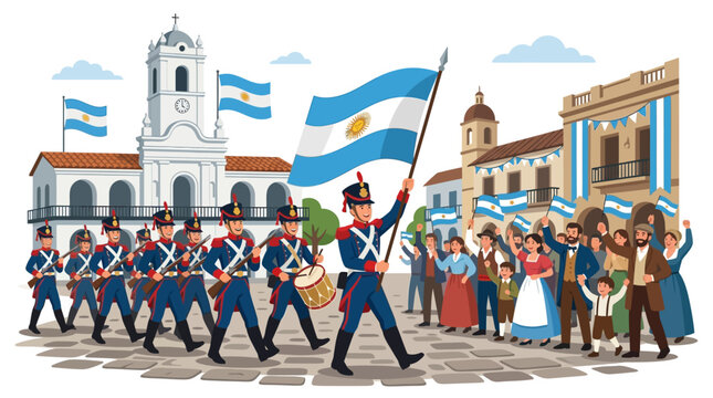 Argentina Independents day Argentine military parade, historic town, blue uniforms, flags, traditional architecture isolated on White Background Editorial EPS