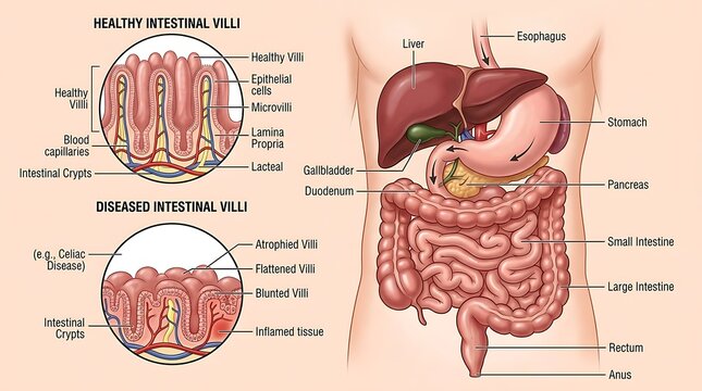 Healthy vs diseased intestinal villi anatomy medical illustration with intestine