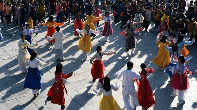 A joyous and bustling cultural celeb n featuring dancing crowds with gentle shadows