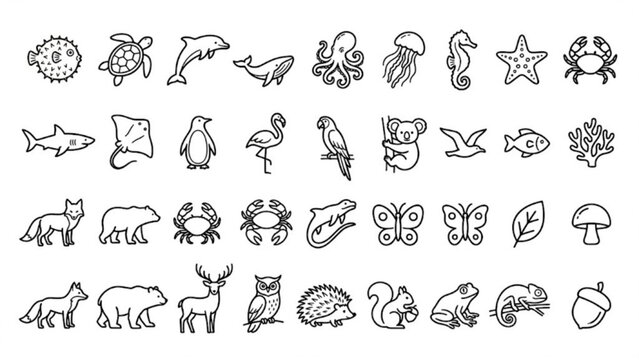 Wildlife and Sea Life Minimal Line Icon Collection  27 Animal Outline Vector Set