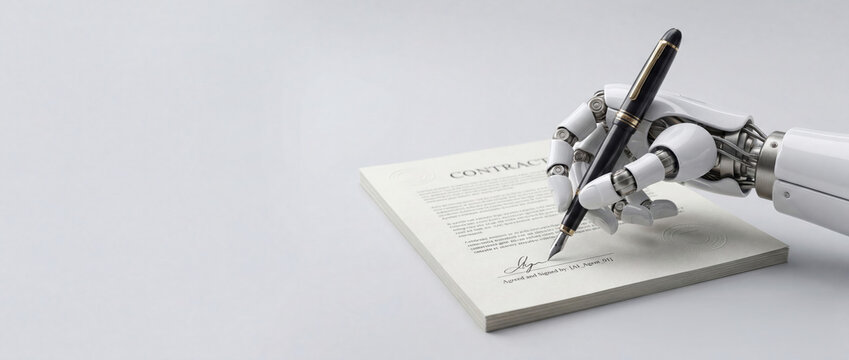 Robot Hand Signing Official Document Contract with Fountain Pen