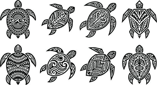 Tribal turtle silhouette collection. Polynesian sea turtles, maori ethnic patterns, tiki masks, geometric ocean waves, traditional hawaiian tattoo designs.