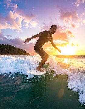 Surfer rides a wave at sunset, sun casting a beautiful glow