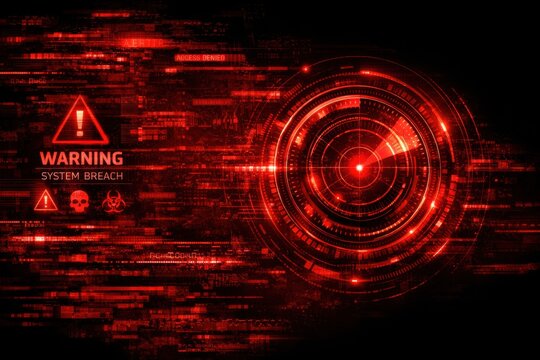 Digital alert showing a red warning for a system breach with data streams and a circular futuristic interface.