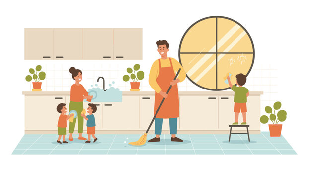 Happy family with parents and three young boys cleaning up the kitchen and washing dishes together at home.