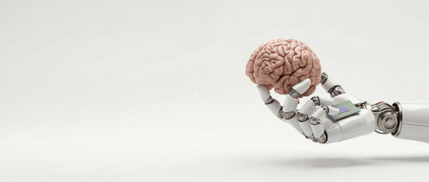 Humanoid robotic hand carefully holding a real human brain model concept of artificial intelligence studying human mind