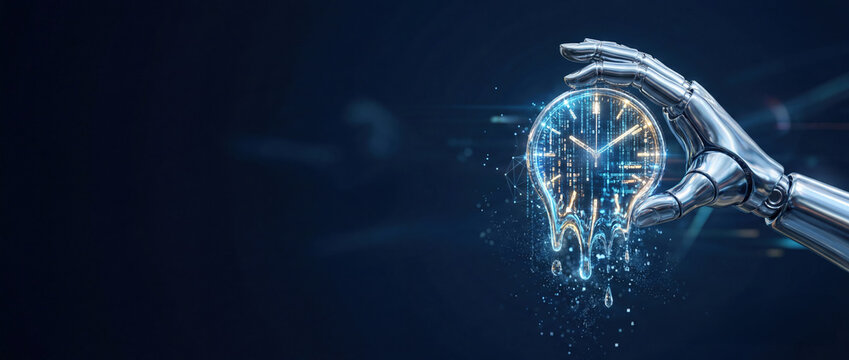 Glowing digital melting clock held by a futuristic robotic metallic hand concept of time control and artificial intelligence